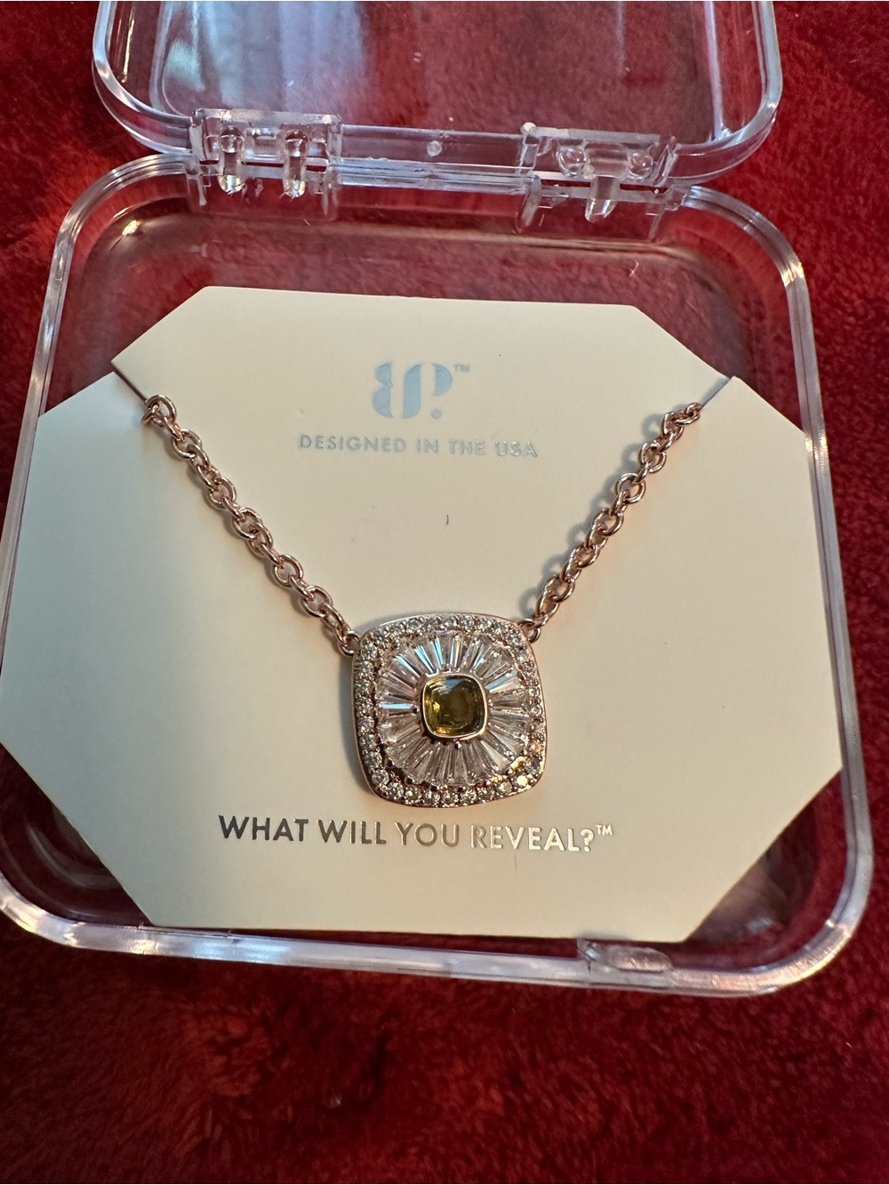 Square Sunburst Pendant Necklace with peridot color Stone in Rose Gold Tone